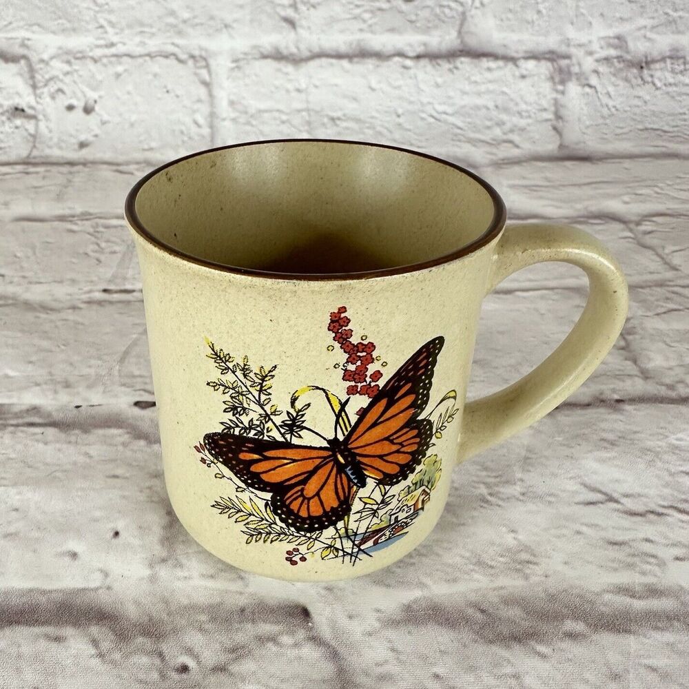 Vintage Cottagecore Stoneware Speckled Butterfly Floral Coffee Tea Mug Cup